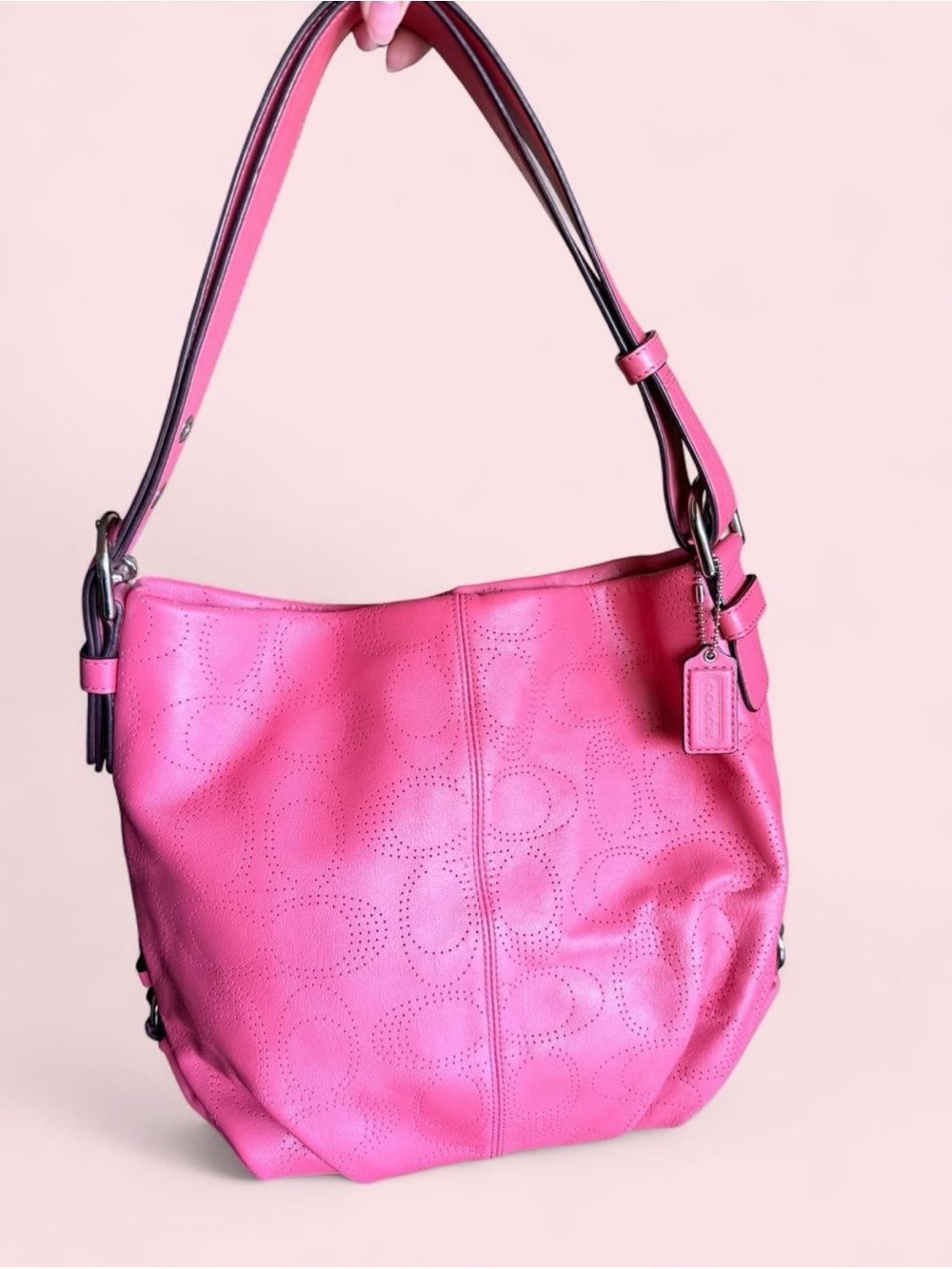 Coach pink perforated leather signature 2 way convertible hobo bag